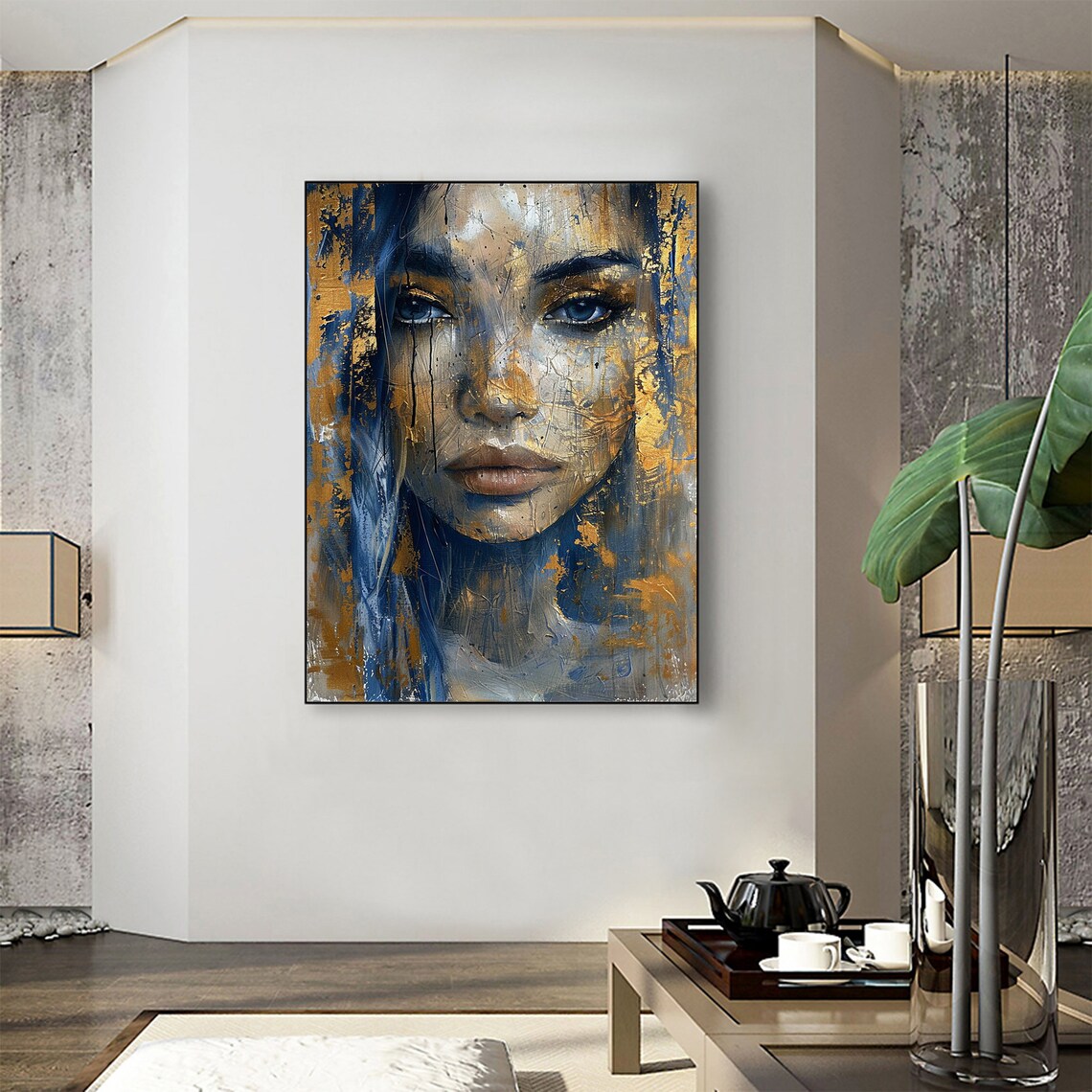 Woman Face Closeup Gold Blue Textured Abstract Portrait Poster - Image 3