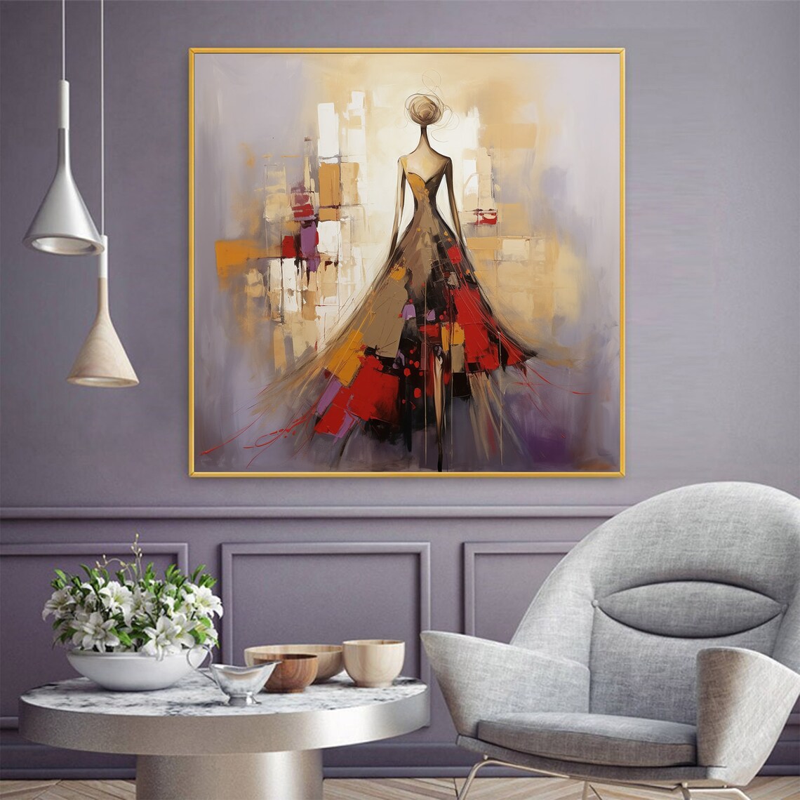 Elegant Woman Flowing Red Dress Abstract City Back View Poster - Image 7