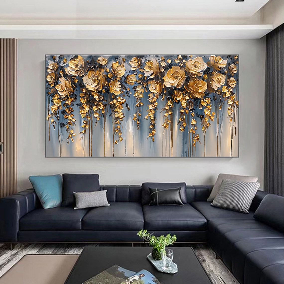 Golden Hanging Flowers Blue Gray Elegant Floral Canvas Poster - Image 4