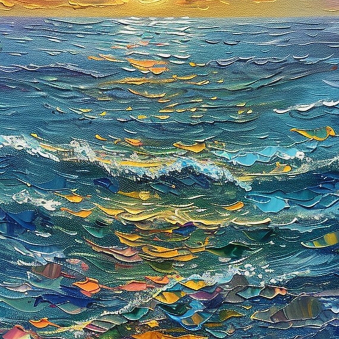 Bright Sun Over Textured Blue Ocean Waves Seascape Oil Painting Poster - Image 6
