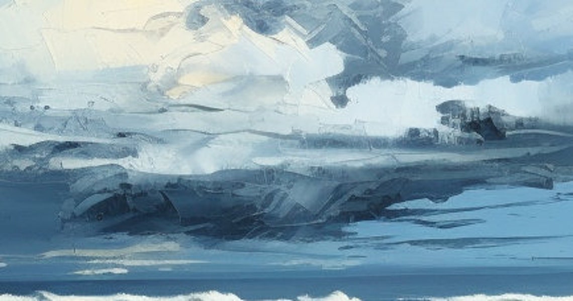 Dramatic Clouds Over a Calm Blue Beach Seascape Oil Painting Poster - Image 6