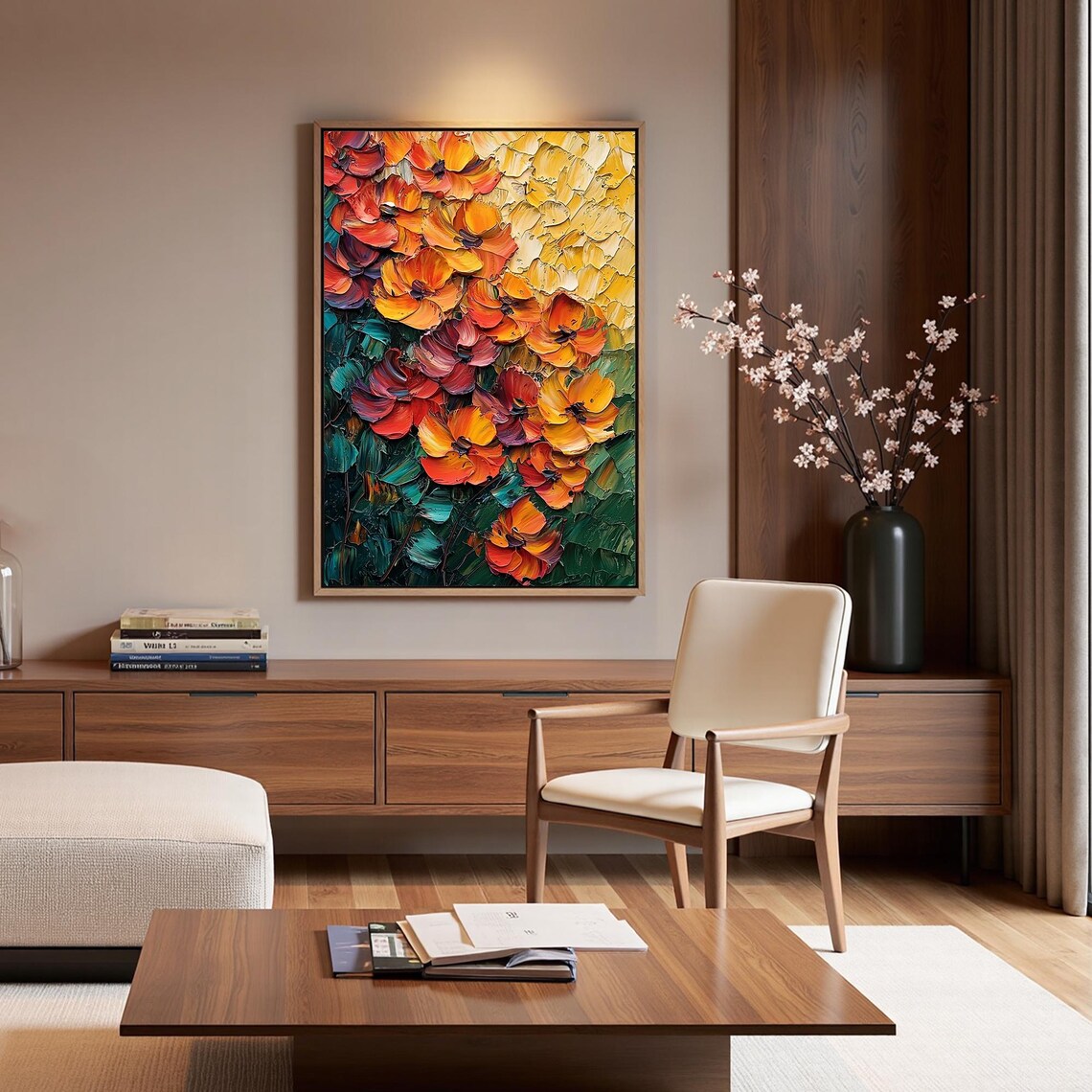 Orange Poppy Blooms Palette Knife Floral Oil Painting Poster - Image 2