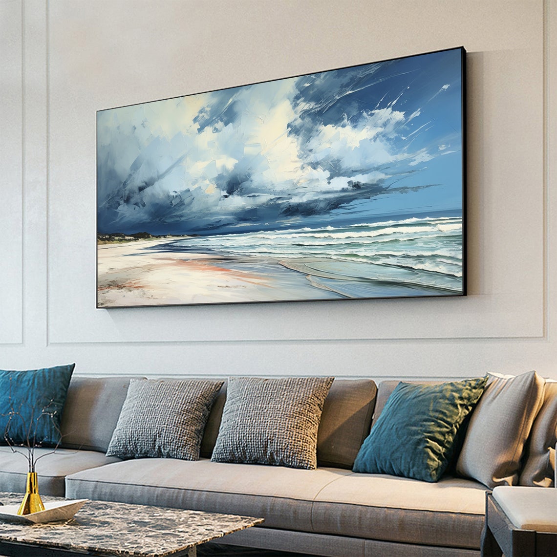 Dramatic Clouds Over a Calm Blue Beach Seascape Oil Painting Poster - Image 7