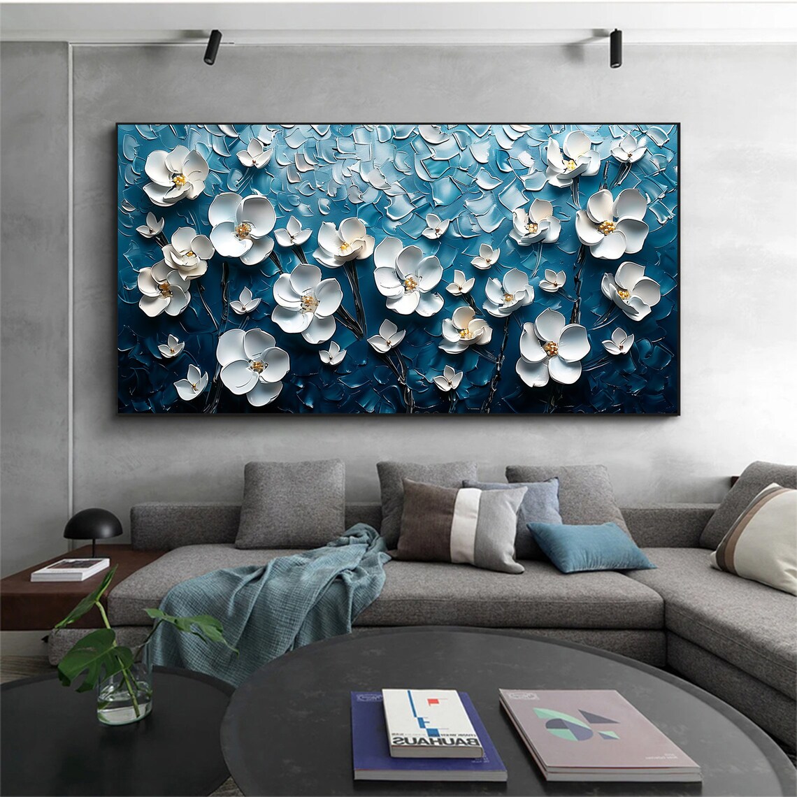 White Blossoms on Navy Blue 3D Textured Floral Oil Painting Poster - Image 5