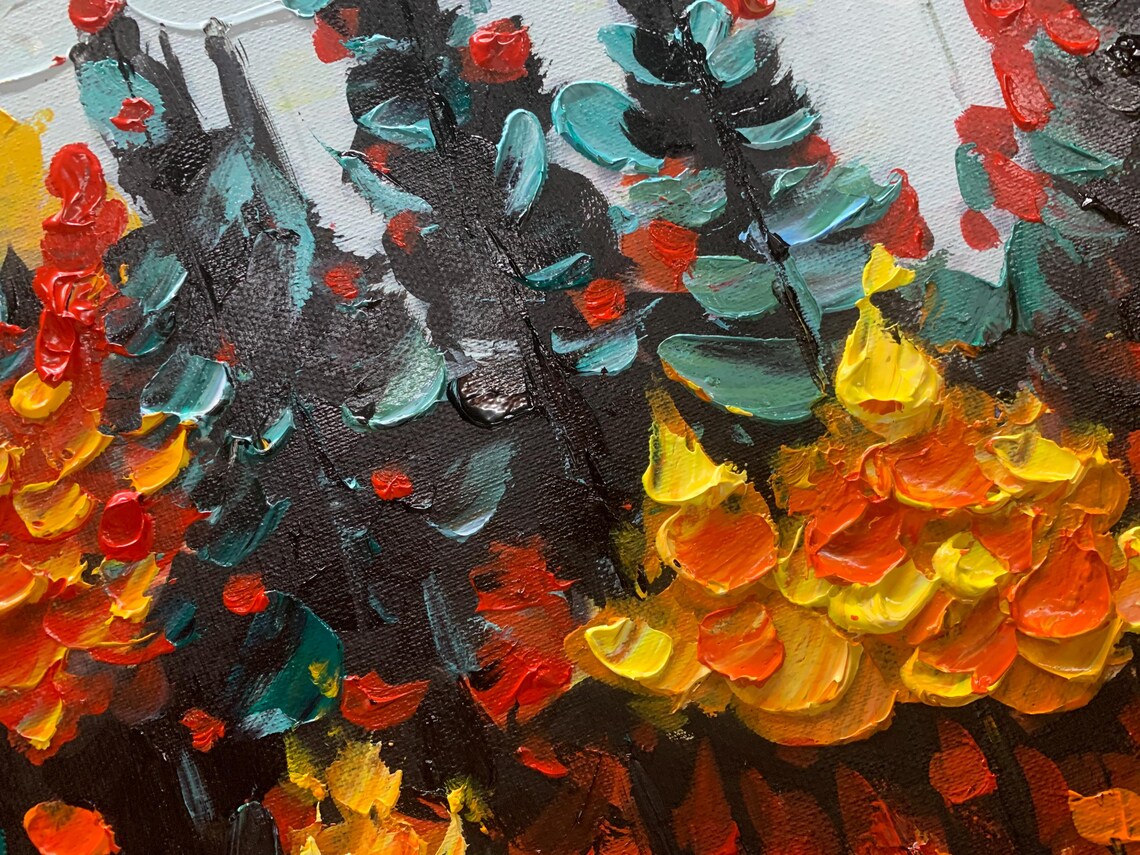 Autumn Forest In Red Orange And Yellow Impasto Tree Painting Poster - Image 6