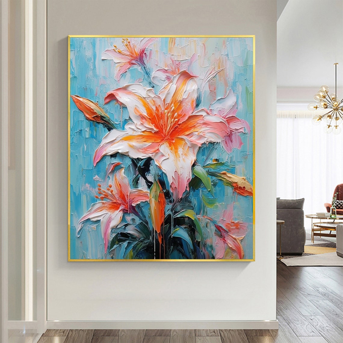 Orange Pink Lily Blooms Vivid Blue Background Impasto Poster - Image 2