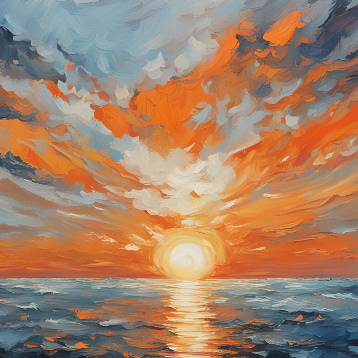 Blazing Orange Sunset Clouds Over the Ocean Oil Painting Poster - Image 6