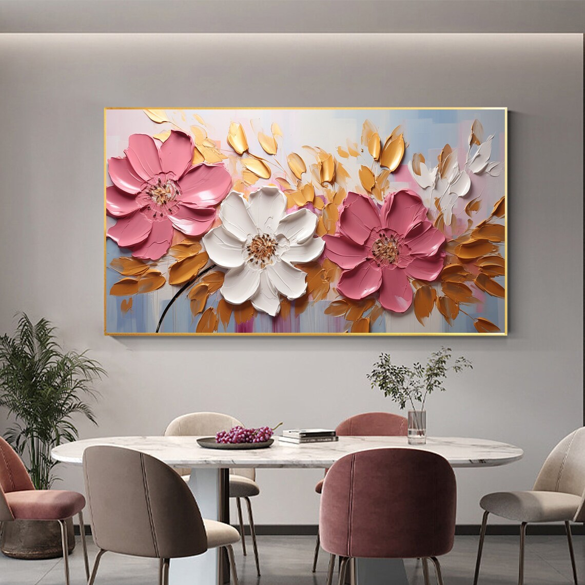 Pink and White Flowers With Gold Foliage Impasto Oil Painting Poster - Image 6