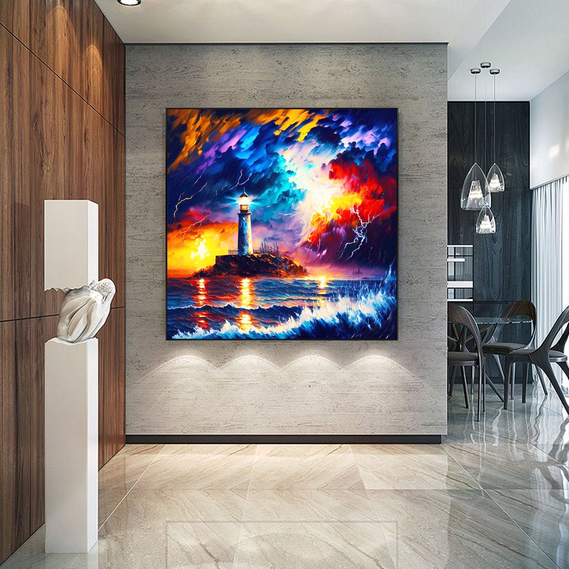 Abstract Lighthouse Oil Painting On Original Colorful Ocean Painting Large Wall Art Hand Painting Custom Painting Home Wall Decor - Image 6