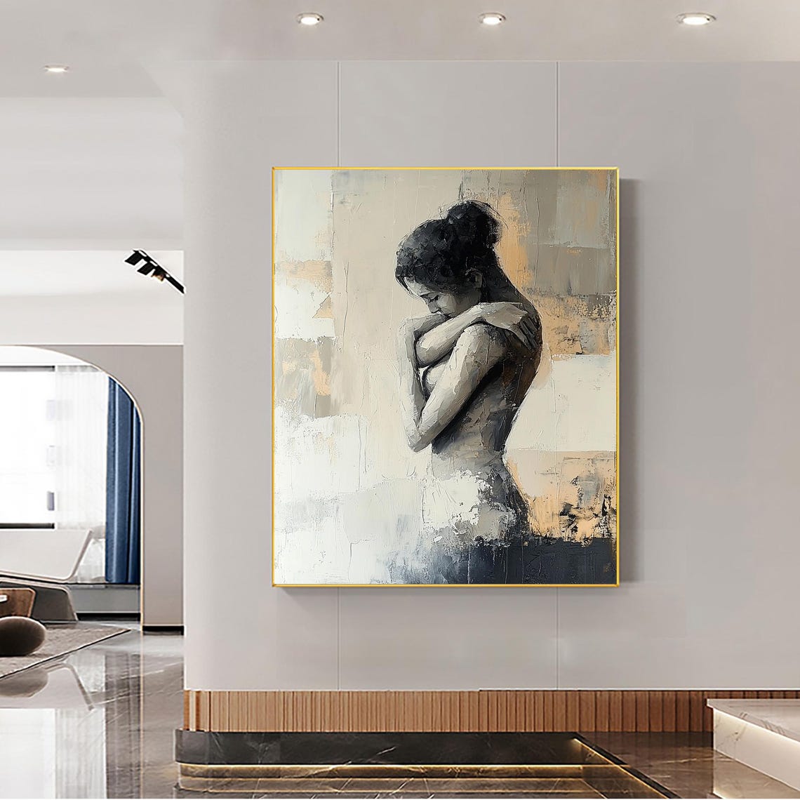 Embracing Woman Portrait Gray Beige Textured Abstract Art Poster - Image 3