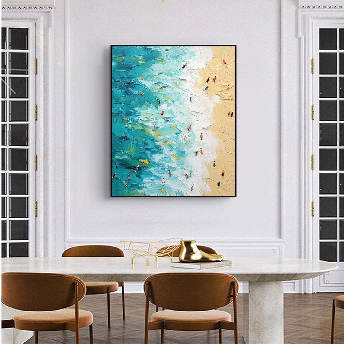 Aerial Turquoise Beach With Colorful Surfers Oil Painting Poster - Image 3