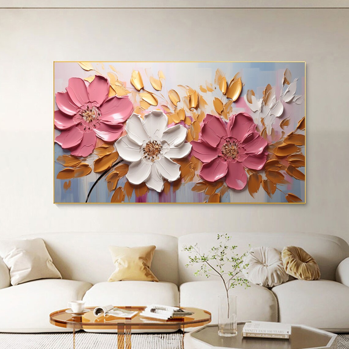 Pink and White Flowers With Gold Foliage Impasto Oil Painting Poster - Image 3