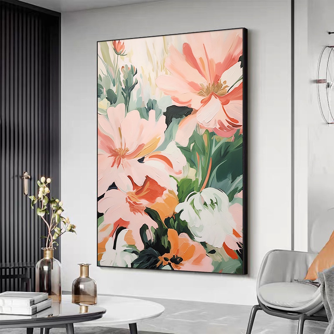 Soft Pink Blossoms Vertical Abstract Floral Oil Painting Poster - Image 2