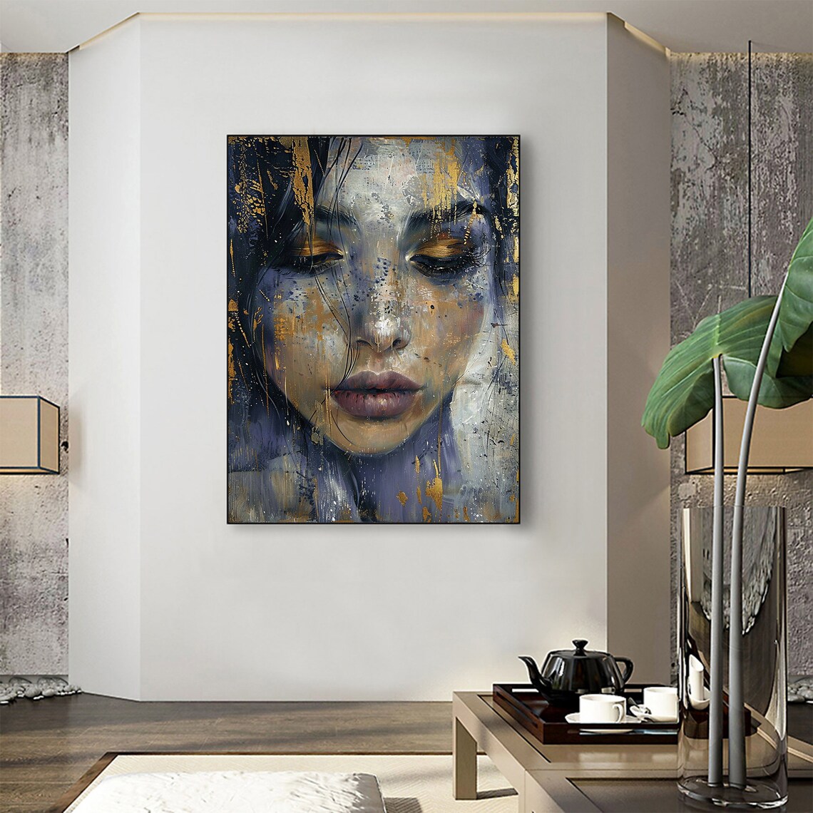 Woman's Face Abstract Portrait With Gold Leaf Oil Painting Poster - Image 2