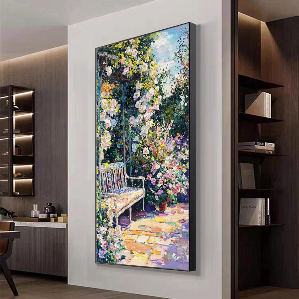 Sunlit Garden Bench Under a Flowering Arbor Oil Painting Poster - Image 7