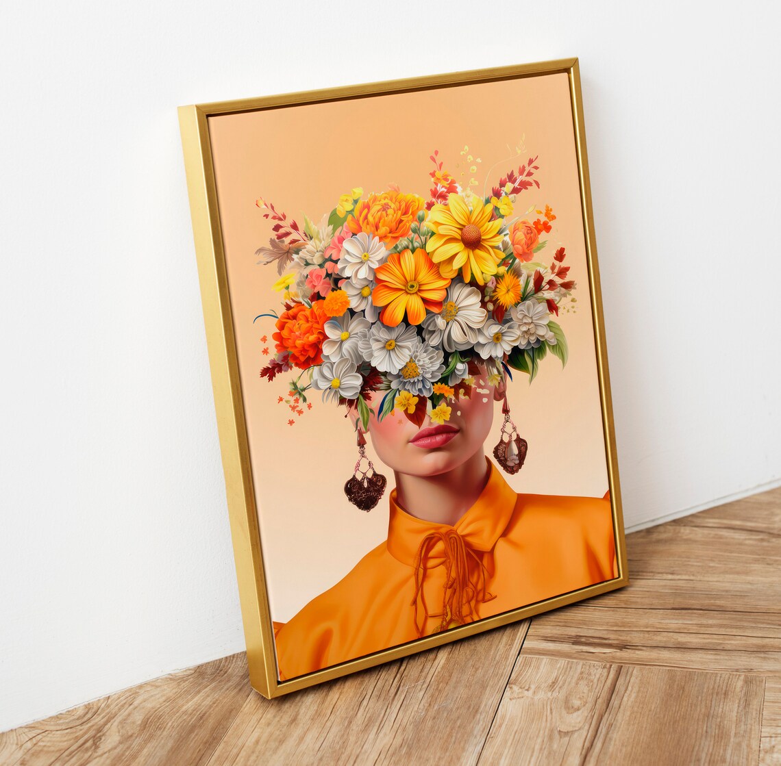 Frida Kahlo Inspired Orange Flower Portrait Poster Woman Bloom Art - Image 3