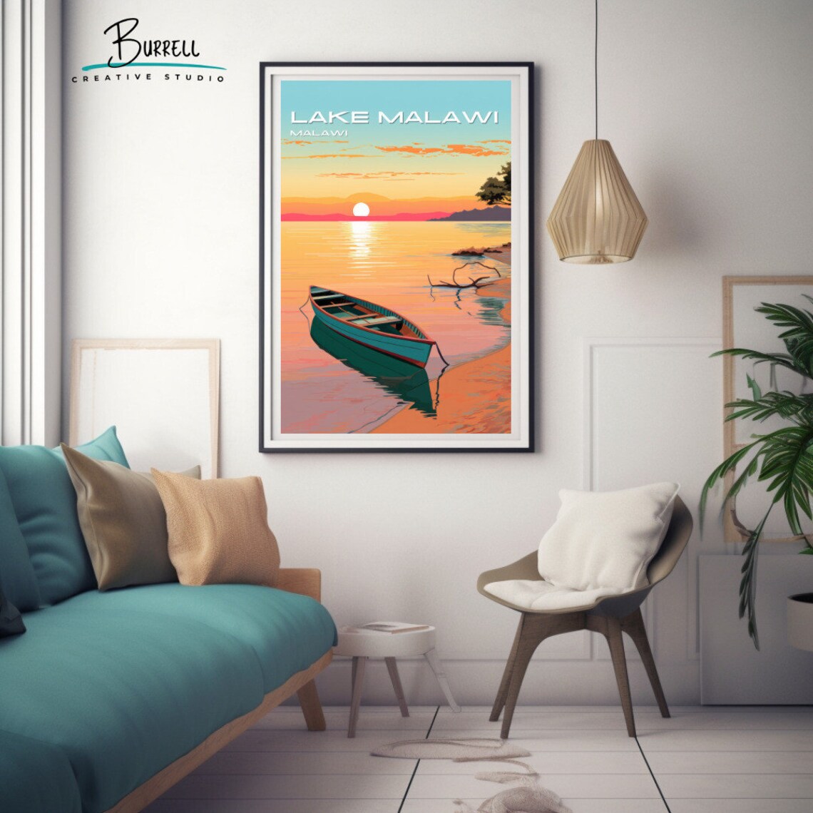 Lake Malawi Sunset Wooden Canoe Calm Shoreline African Travel Poster - Image 3