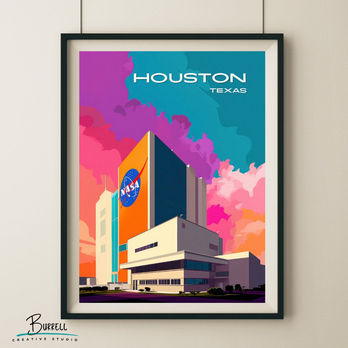 Houston Texas NASA Building Sunset Pink Sky Space City Travel Poster