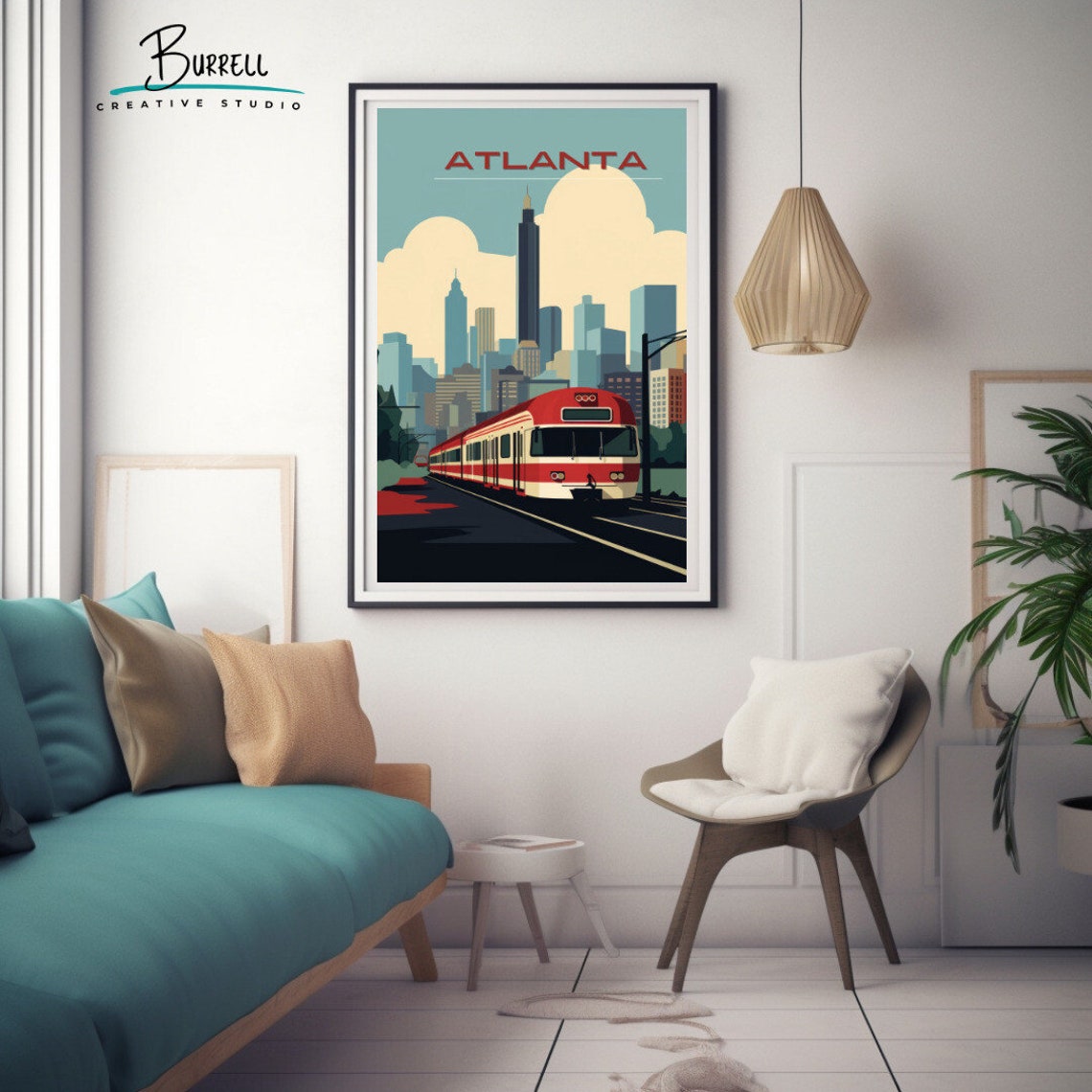 Atlanta Georgia Skyline Red Trolley Retro Illustration Travel Poster - Image 3