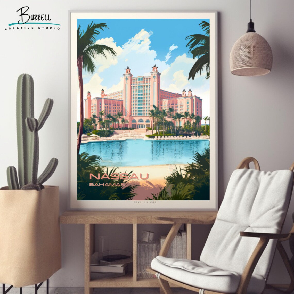 Nassau Bahamas Pink Resort Towers Lagoon Tropical Island Travel Poster - Image 2