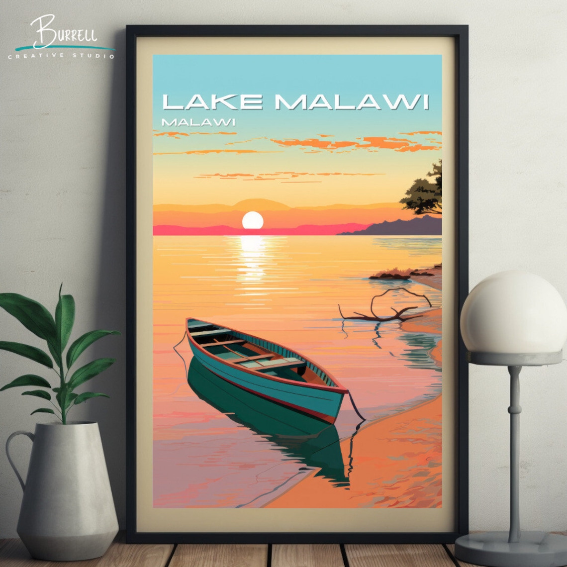 Lake Malawi Sunset Wooden Canoe Calm Shoreline African Travel Poster - Image 5