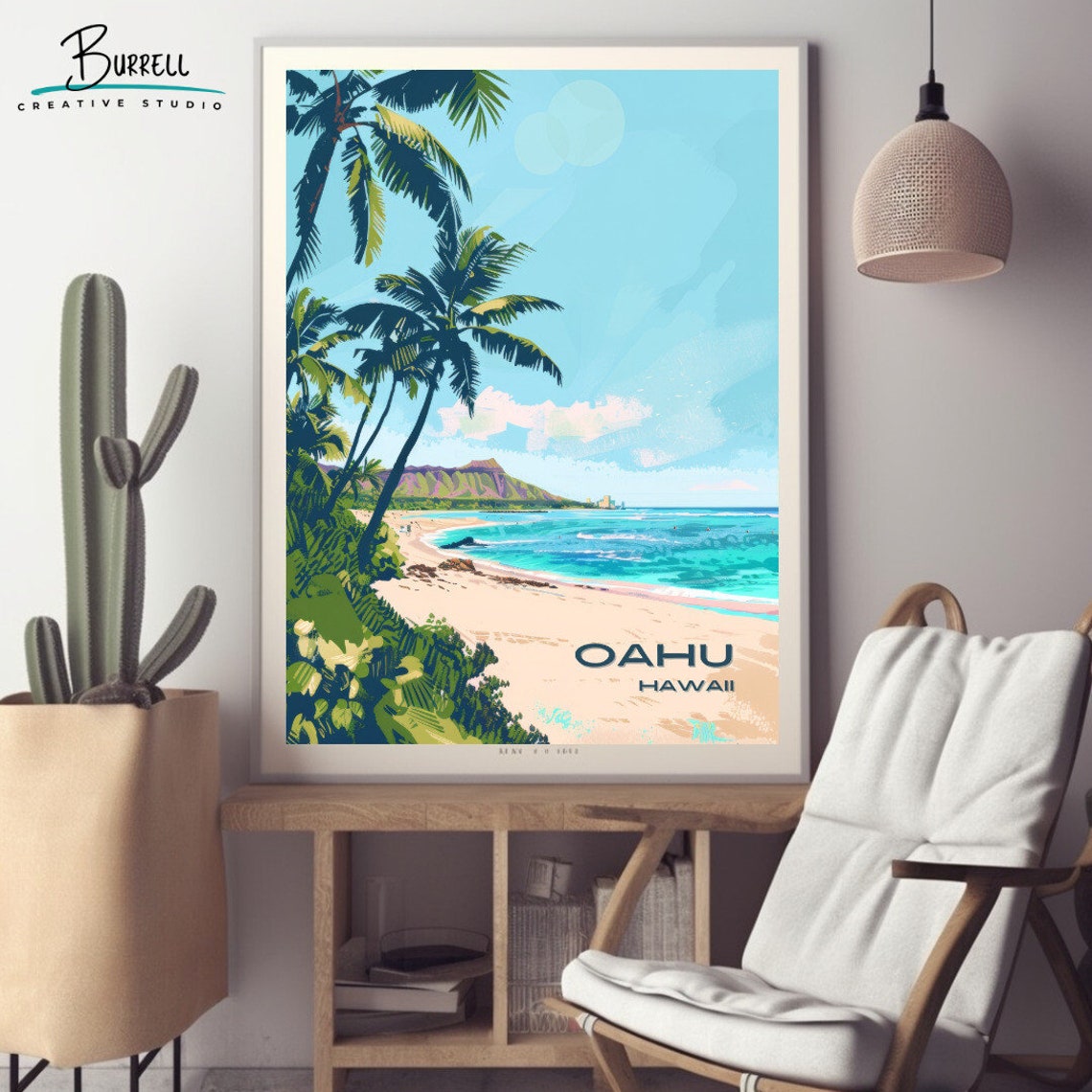 Oahu Hawaii Palm Lined Beach Volcanic Crater Horizon View Poster - Image 2
