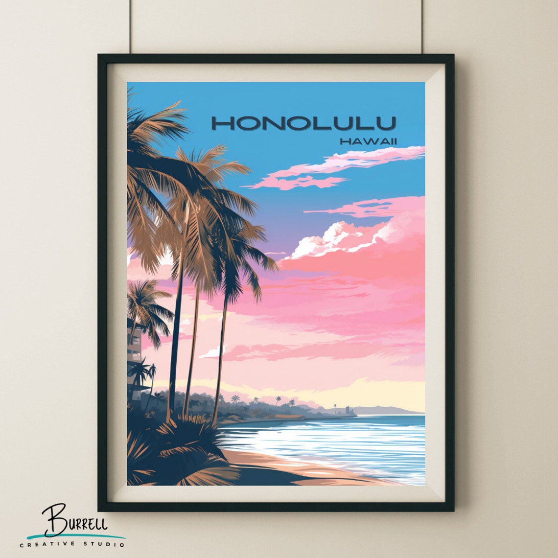Honolulu Hawaii Palm Trees Sunset Beach Pink Sky Island Travel Poster