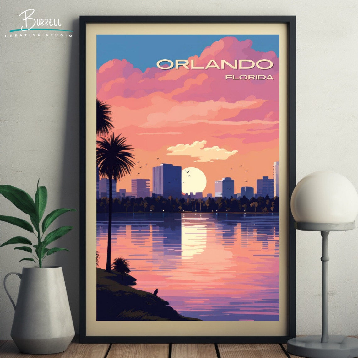 Orlando Florida Skyline Sunset Reflection Lake Palm Silhouette Poster - Image 5