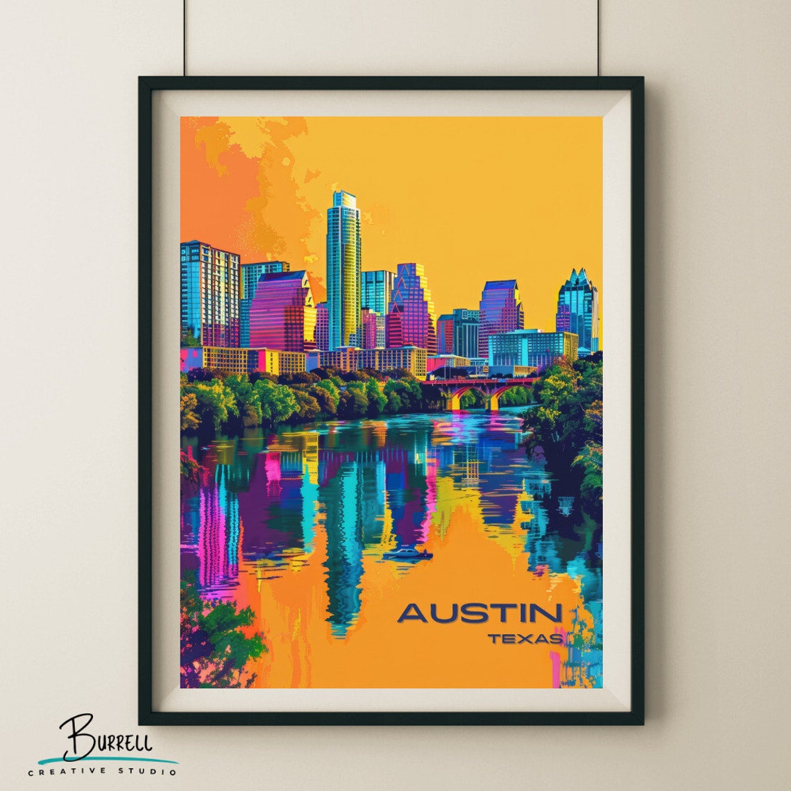 Austin Texas Skyline Neon Sunset Reflection Lady Bird Lake Poster