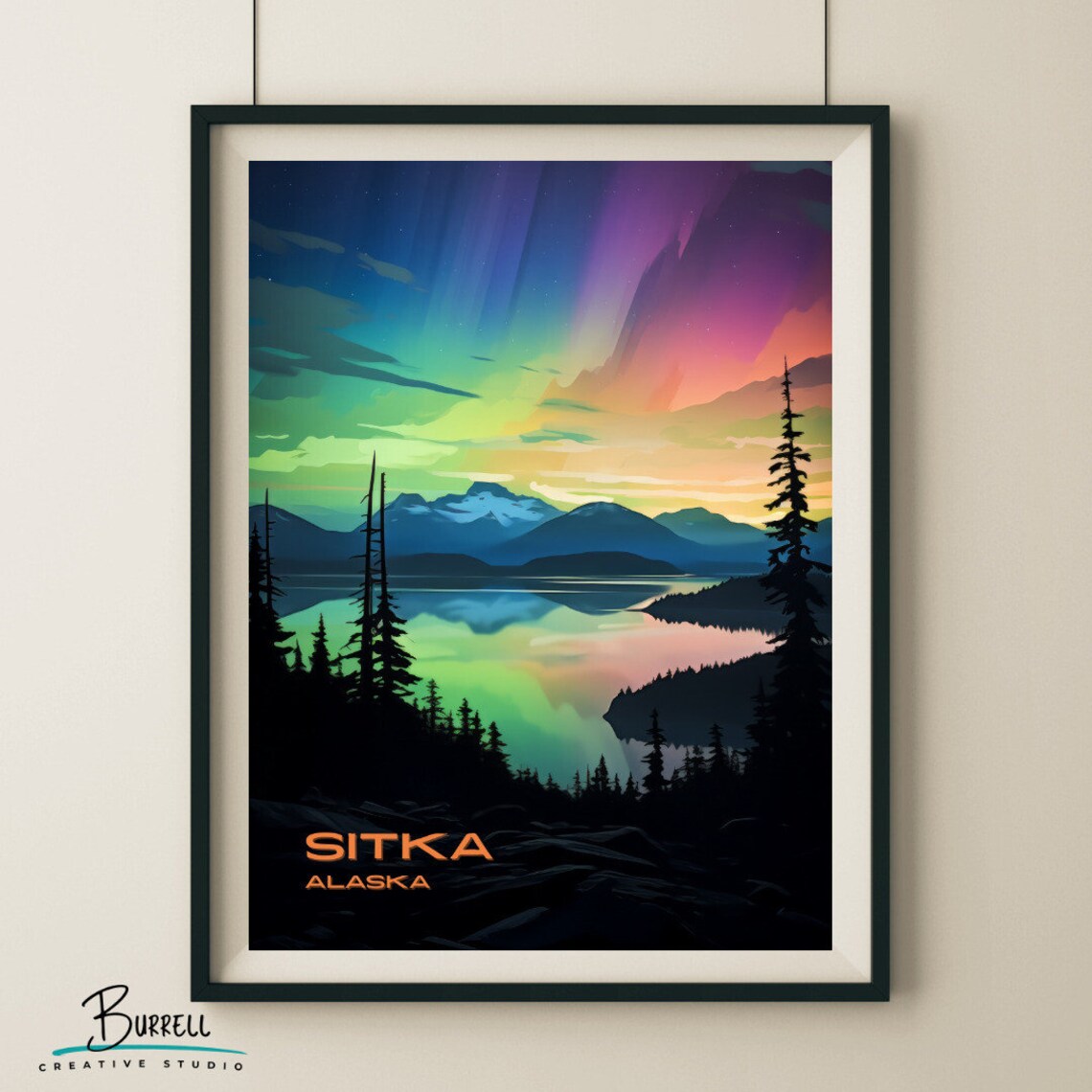 Sitka Alaska Northern Lights Fjord Spruce Silhouette Sky Poster