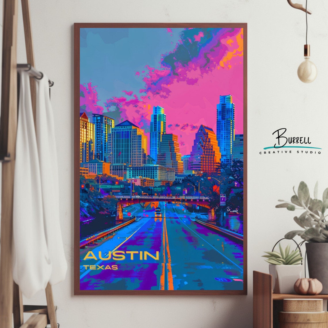 Austin Texas Neon Skyline Over Congress Bridge At Dusk Poster - Image 4