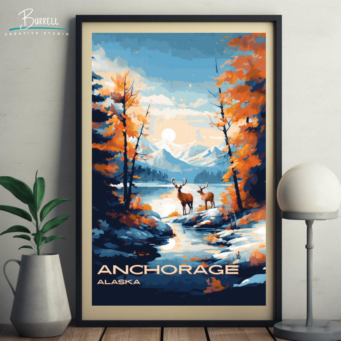 Anchorage Alaska Autumn Lake Moonlit Deer Forest Shore Poster - Image 5