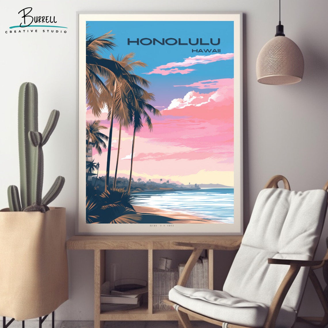 Honolulu Hawaii Palm Trees Sunset Beach Pink Sky Island Travel Poster - Image 2