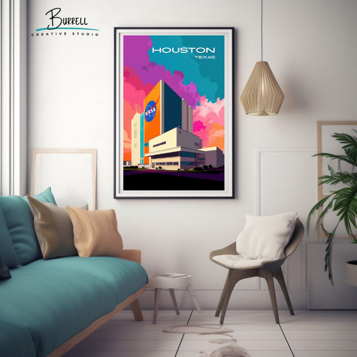 Houston Texas NASA Building Sunset Pink Sky Space City Travel Poster - Image 3