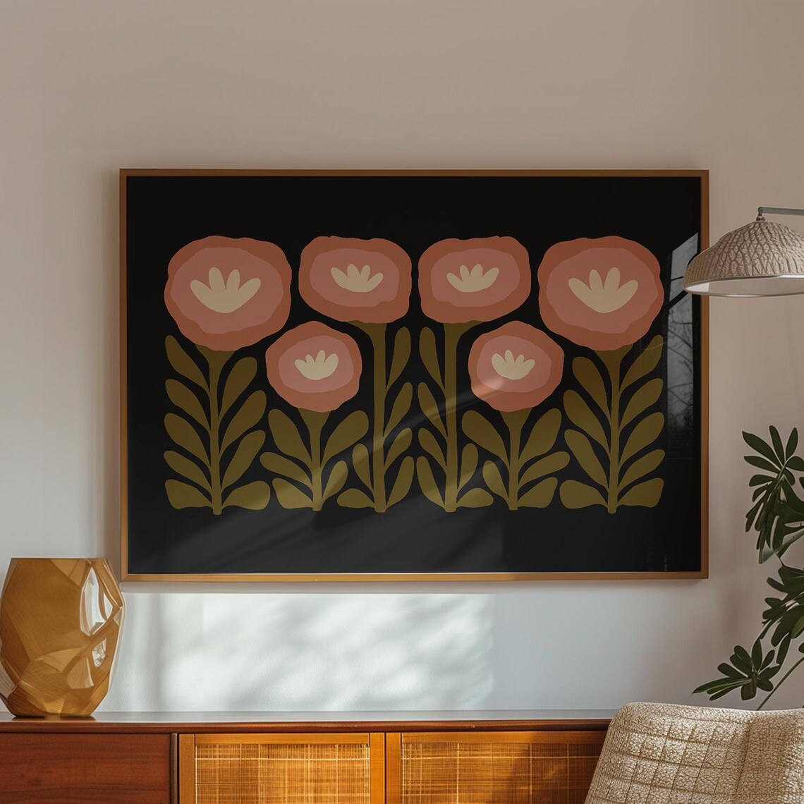 Terracotta Blooms Black Background Olive Stems Retro Floral Poster - Image 7