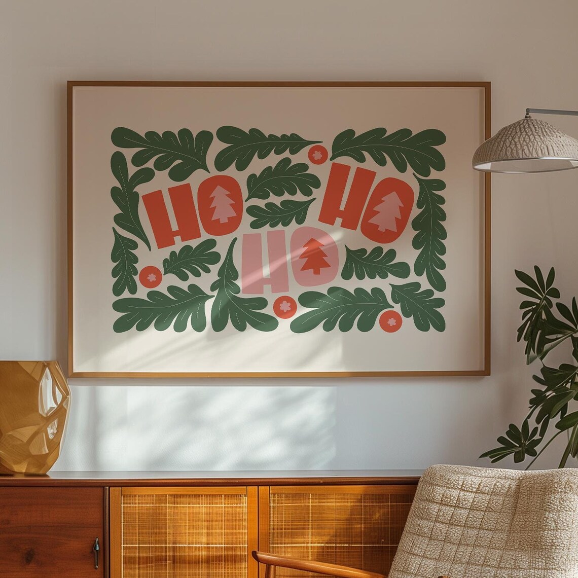 Ho Ho Ho Christmas Letter Art Green Leaves Red Retro Holiday Poster