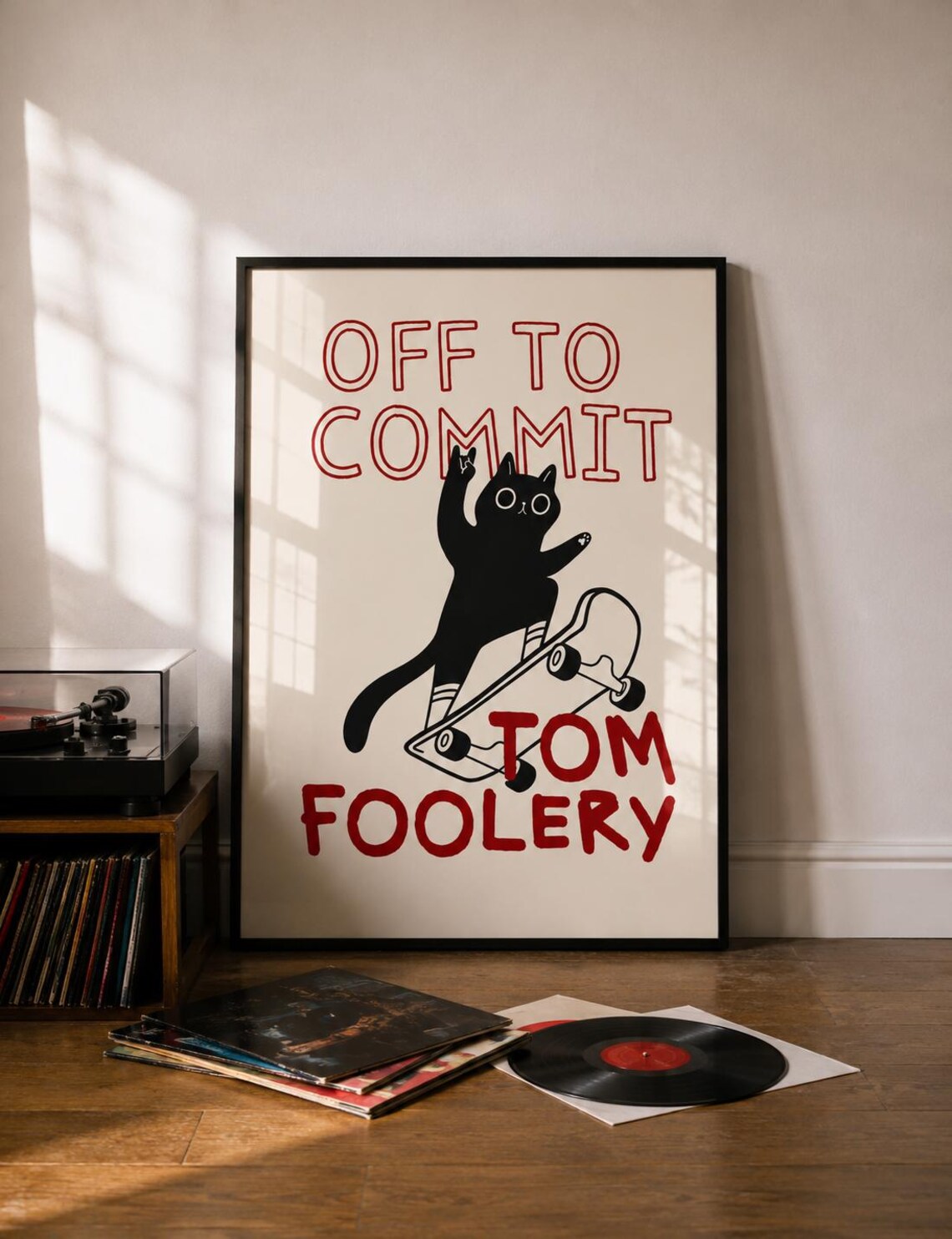 Black Cat Skateboard Print Funny Meme Wall Art