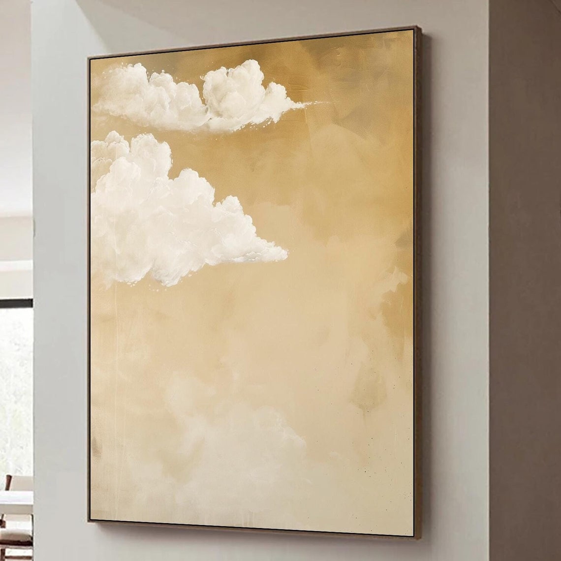 Large White Cloud Abstract Painting Neutral Beige White Wall Decor Modern Texture Wall Art Framed Oil Painting Living Room Wall Art - Image 5