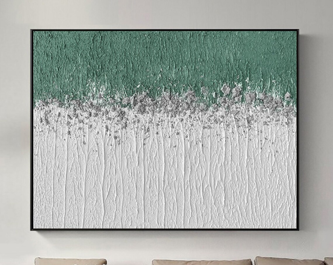 Large Green White Abstract Painting On Wall Art Green White Minimalist Painting Green White Textured Wall Art Green Textured Painting