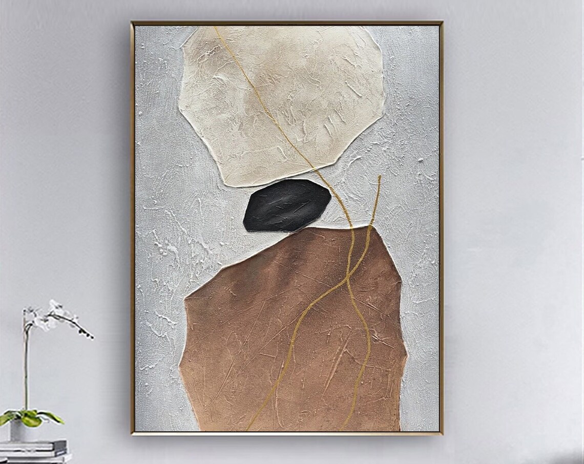 Cream Terracotta Black Pebble Shapes With Gold Lines Abstract Poster