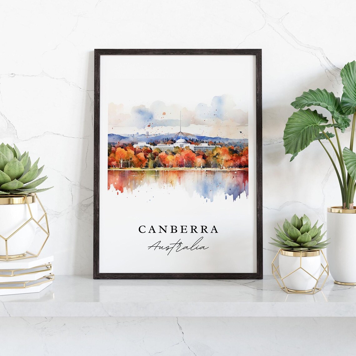 Canberra Australia Parliament House Lake Autumn Watercolor Art Poster - Image 3