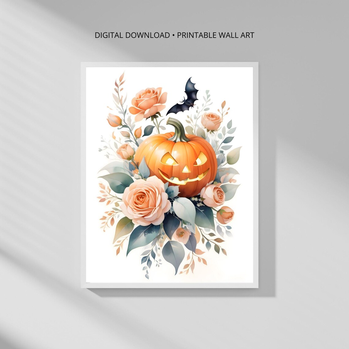 Modern Botanical Wall Art Print Halloween Pumpkin Bouquet Minimalist Decor