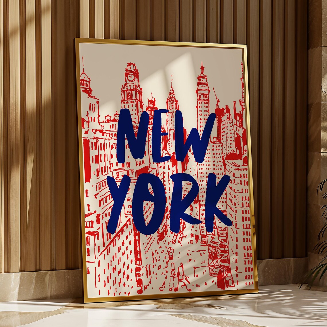 New York Red Manhattan City Skyline Hand Drawn Vintage Travel Poster
