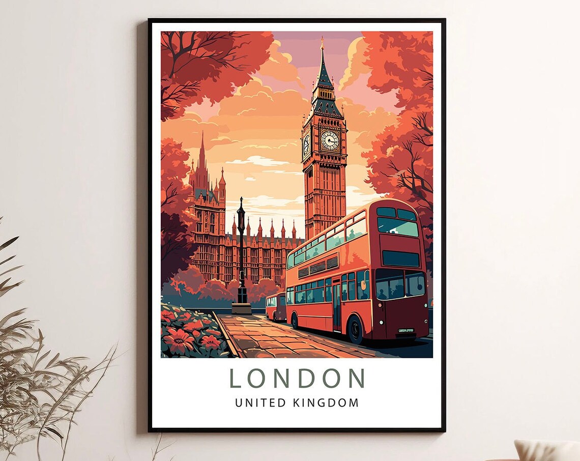London Red Double Decker Bus and Big Ben Sunset Travel Poster