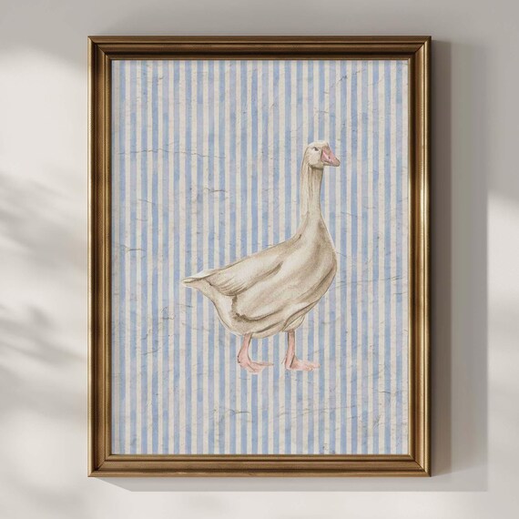 Goose Watercolor Art Print Blue Striped Nursery Wall French Country Farmhouse Decor