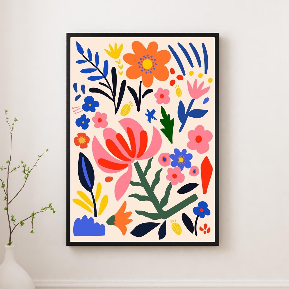 Striking Floral Bouquet With Big Pink Bloom On Cream Art Print