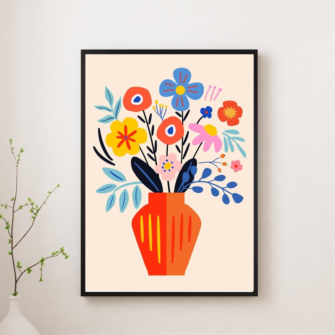 Cheerful Bold Flat Illustration Bouquet In Orange Vase Art Print