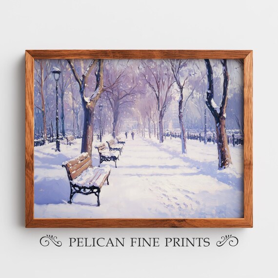 Snowy Winter Park Benches Oil Painting Serene Snow Scene Poster