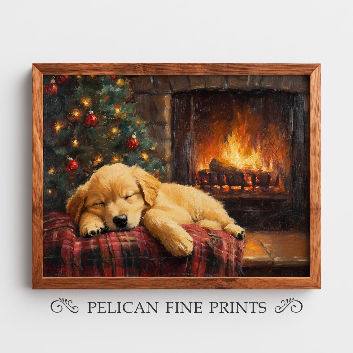 Christmas Golden Retriever Puppy Sleeping By Fireplace Holiday Wall Art
