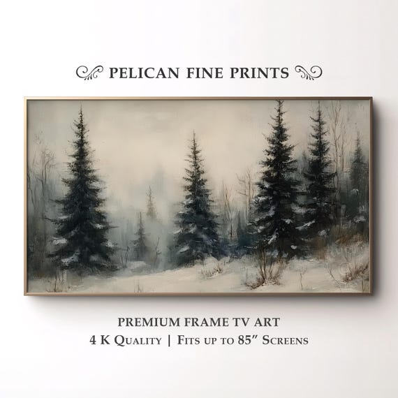 Moody Winter Forest Frame Tv Art Rustic Snowy Pine Tree Landscape Neutral Wall Decor Tv49
